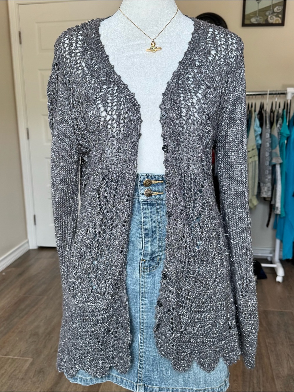Open-Knit Gray Metallic Button-Front Coastal Fall Whimsigoth Women’s Cardigan